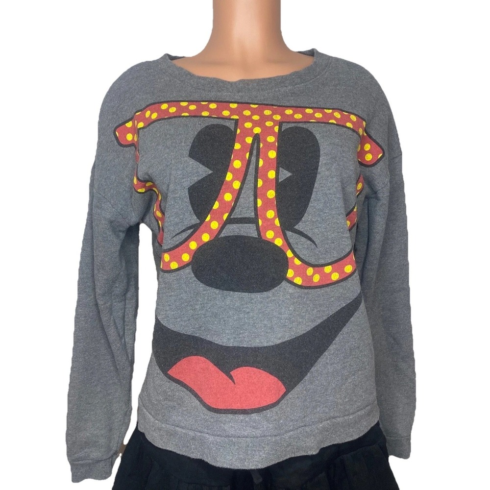 Disney Minnie Mouse Big Face Sweatshirt Womens Small Gray Glasses Polka Dots M - Picture 3 of 10